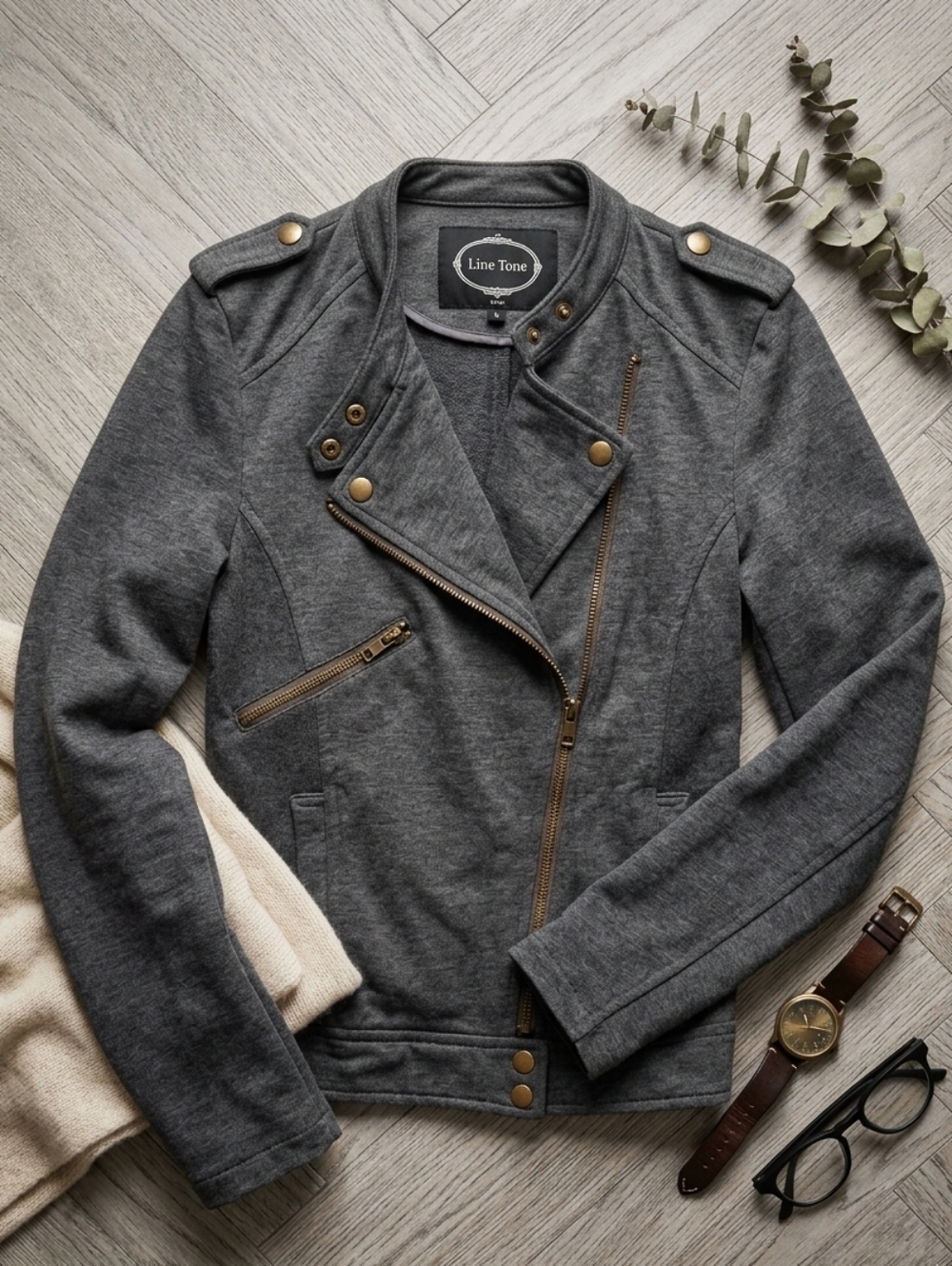 LOVE TREE Gray Cotton Blend Stretch Moto Neutral Jacket Women's Medium Coat Top